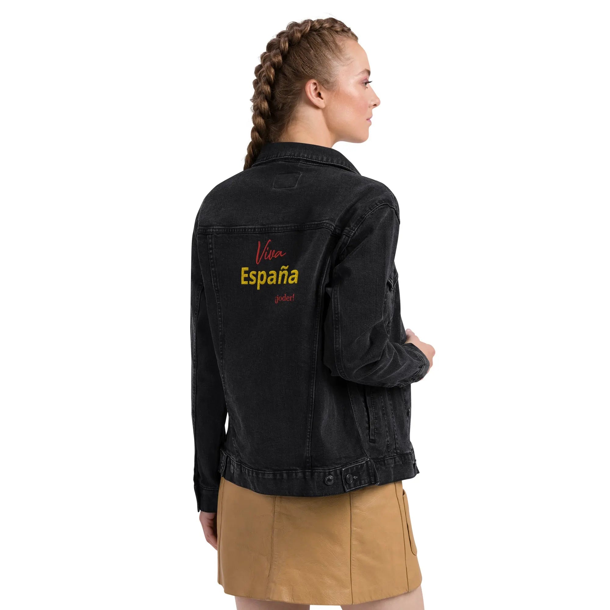 Comprar Chaqueta denim unisex Viva España ¡joder! Bandera España La Flamenca de Borgoña Patricia Muñoz VOX