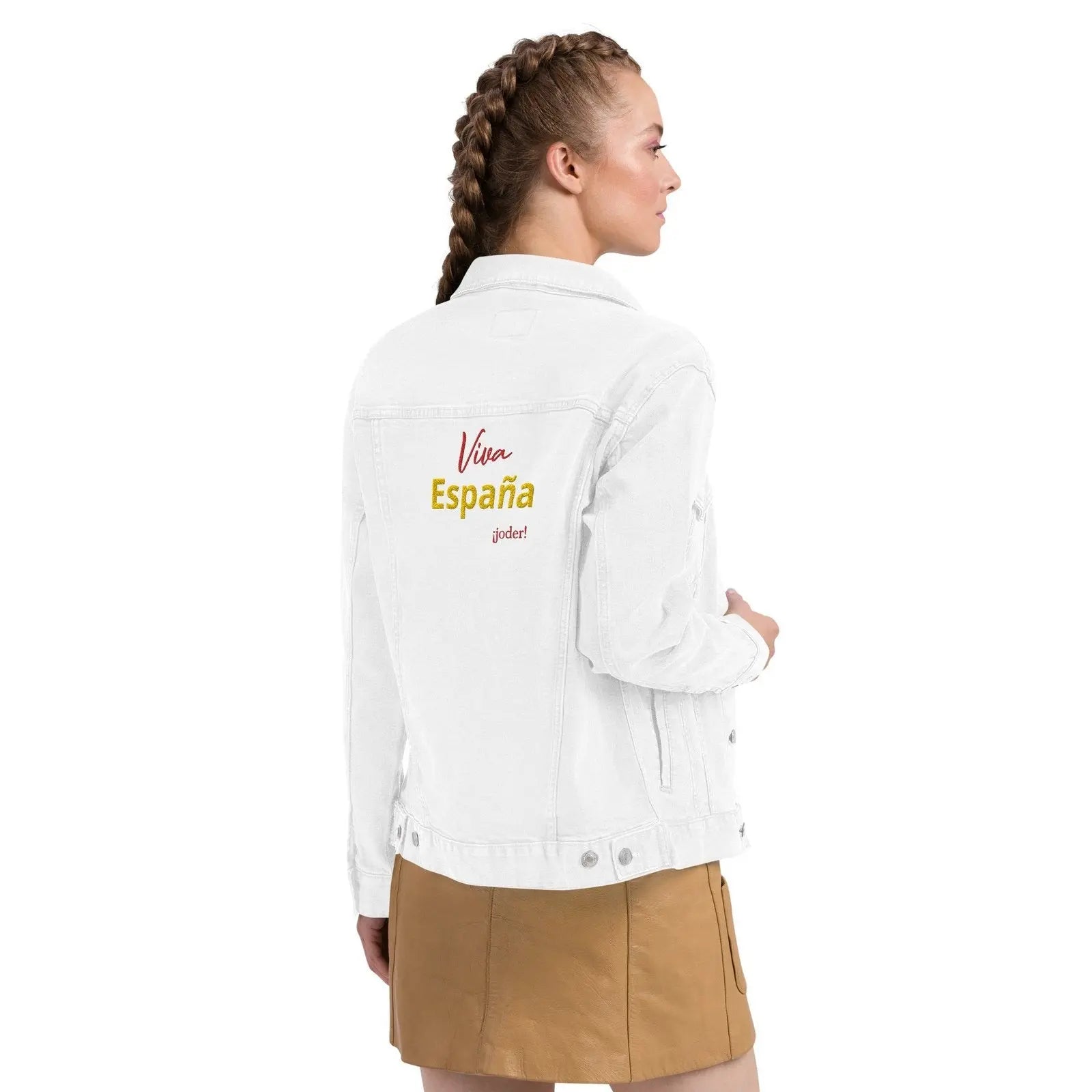Comprar Chaqueta denim unisex Viva España ¡joder! Bandera España La Flamenca de Borgoña Patricia Muñoz VOX