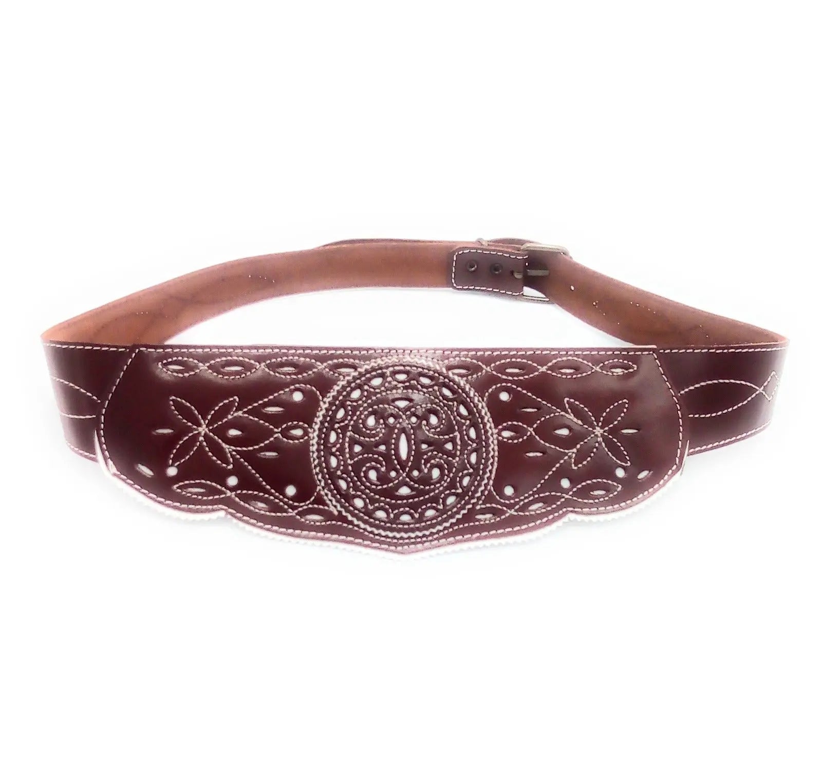 Comprar Cinturón piel Romero repujado Bandera España La Flamenca de Borgoña Patricia Muñoz VOX