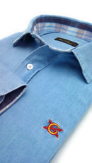 Comprar Copia de Camisa Bandera España Hombre Denim Azul La Flamenca de Borgoña, Bandera de España, Cruz de Borgoña, Patricia Muñoz, VOX, Santiago Abascal 